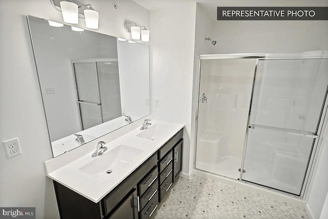 325 Magnolia Ln Lot 103, State College, PA 16803 - bathroom with double vanity, a sink, baseboards, and a stall shower