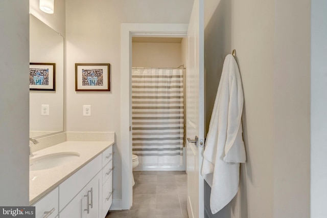 40928 Arcadian Pond Ct, Aldie, VA 20105 - bathroom with toilet, vanity, tile patterned flooring, and a shower with curtain
