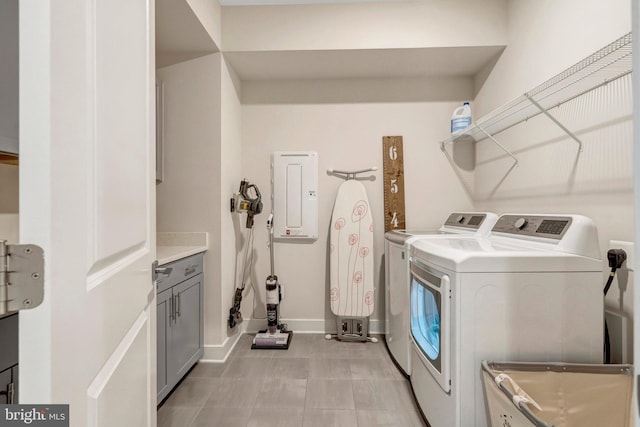 40928 Arcadian Pond Ct, Aldie, VA 20105 - laundry area featuring washing machine and dryer, electric panel, baseboards, and cabinet space