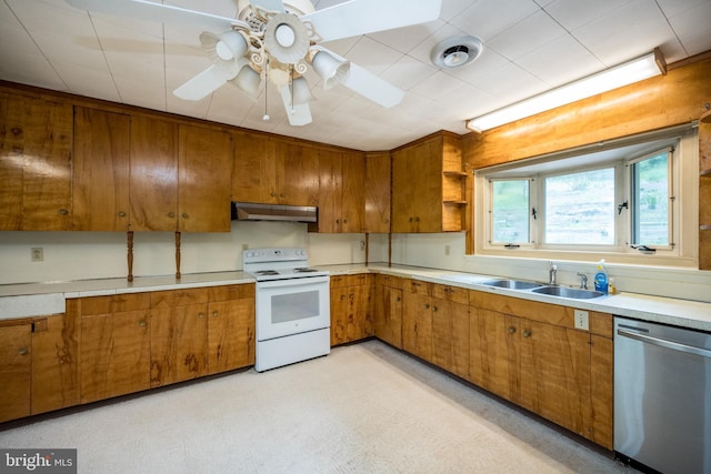 1321 Marsh Hill Rd, Mc Henry, MD 21541 - kitchen with white range with electric cooktop, dishwasher, a sink, and brown cabinets