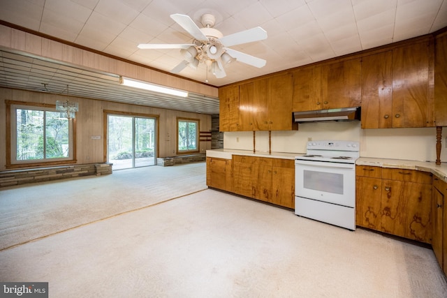 1321 Marsh Hill Rd, Mc Henry, MD 21541 - kitchen featuring white range with electric cooktop, under cabinet range hood, brown cabinetry, light countertops, and wooden walls