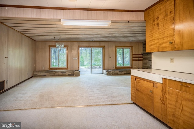 1321 Marsh Hill Rd, Mc Henry, MD 21541 - kitchen featuring light carpet, light countertops, wooden walls, and brown cabinetry