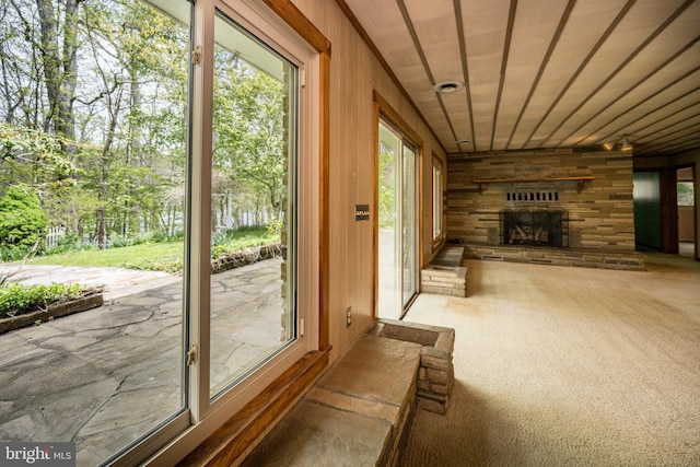 1321 Marsh Hill Rd, Mc Henry, MD 21541 - doorway featuring carpet floors, a fireplace, and wood walls