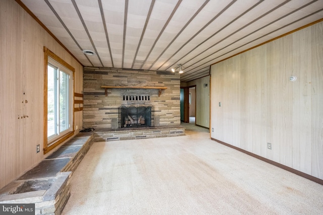 1321 Marsh Hill Rd, Mc Henry, MD 21541 - unfurnished living room featuring a fireplace, wooden walls, and carpet floors