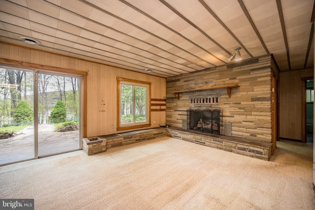 1321 Marsh Hill Rd, Mc Henry, MD 21541 - unfurnished living room with carpet, a fireplace, and wood walls