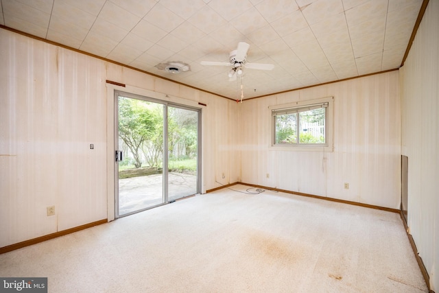 1321 Marsh Hill Rd, Mc Henry, MD 21541 - carpeted spare room with baseboards, ornamental molding, ceiling fan, and wood walls