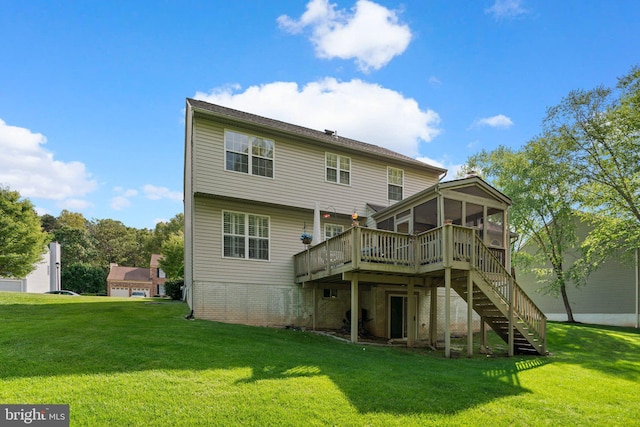 back of house featuring a sunroom, stairs, a wooden deck, and a yard