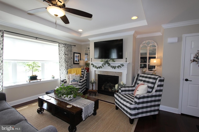 living area featuring a fireplace, a ceiling fan, baseboards, wood finished floors, and a tray ceiling