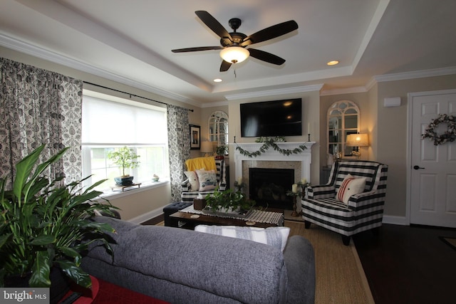 living room with a ceiling fan, wood finished floors, a tray ceiling, and a fireplace