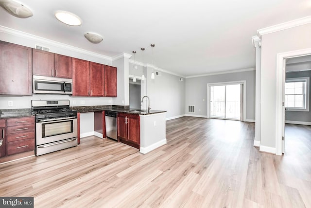 kitchen with crown molding, a peninsula, appliances with stainless steel finishes, and a wealth of natural light