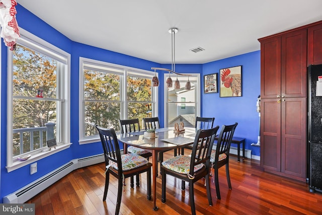 1511 Barnegat Ave, Ship Bottom, NJ 08008 - dining space with baseboards, a baseboard radiator, dark wood-type flooring, and visible vents