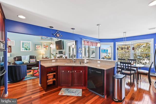 1511 Barnegat Ave, Ship Bottom, NJ 08008 - kitchen with visible vents, dark wood finished floors, dishwasher, reddish brown cabinets, and open floor plan