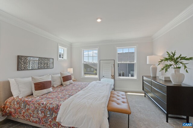 bedroom featuring crown molding, multiple windows, and carpet