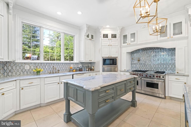 696 Miller Ave, Great Falls, VA 22066 - kitchen featuring a sink, double oven range, white cabinetry, a warming drawer, and black microwave