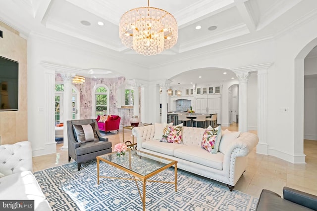 696 Miller Ave, Great Falls, VA 22066 - living area with ornamental molding, recessed lighting, a chandelier, arched walkways, and coffered ceiling