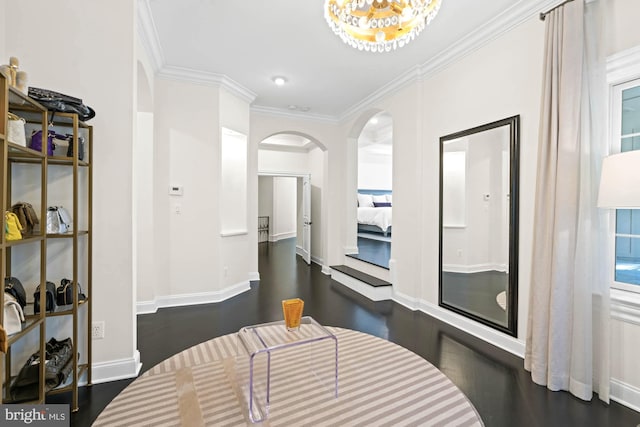 696 Miller Ave, Great Falls, VA 22066 - corridor with arched walkways, baseboards, ornamental molding, and dark wood-style floors