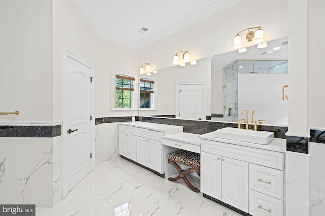 696 Miller Ave, Great Falls, VA 22066 - full bath featuring marble finish floor, visible vents, vanity, crown molding, and a marble finish shower