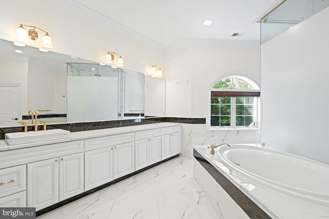 696 Miller Ave, Great Falls, VA 22066 - full bath with a bath, visible vents, marble finish floor, vanity, and ornamental molding
