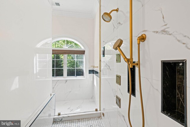 696 Miller Ave, Great Falls, VA 22066 - bathroom featuring ornamental molding, a marble finish shower, and visible vents