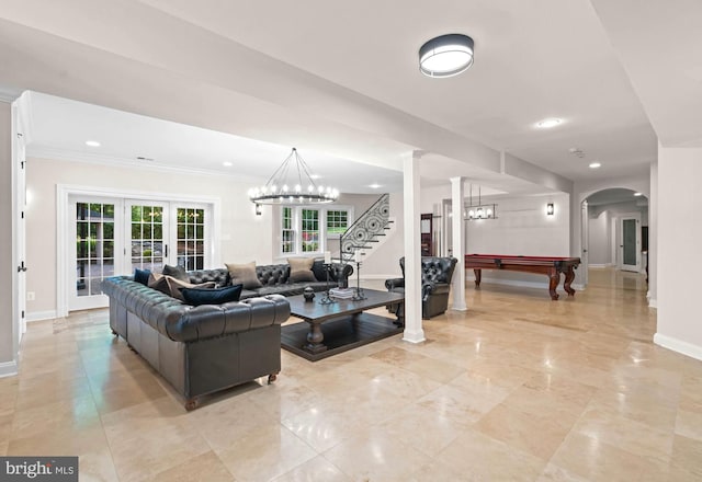 696 Miller Ave, Great Falls, VA 22066 - living room featuring french doors, pool table, crown molding, arched walkways, and baseboards