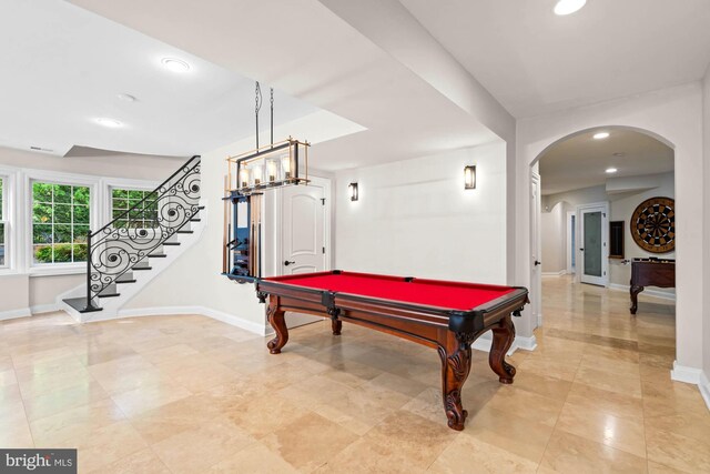 696 Miller Ave, Great Falls, VA 22066 - recreation room featuring recessed lighting, baseboards, light tile patterned floors, arched walkways, and billiards