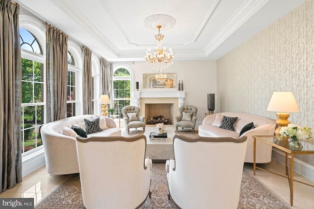 696 Miller Ave, Great Falls, VA 22066 - living room with a fireplace, a chandelier, light tile patterned floors, a raised ceiling, and wallpapered walls