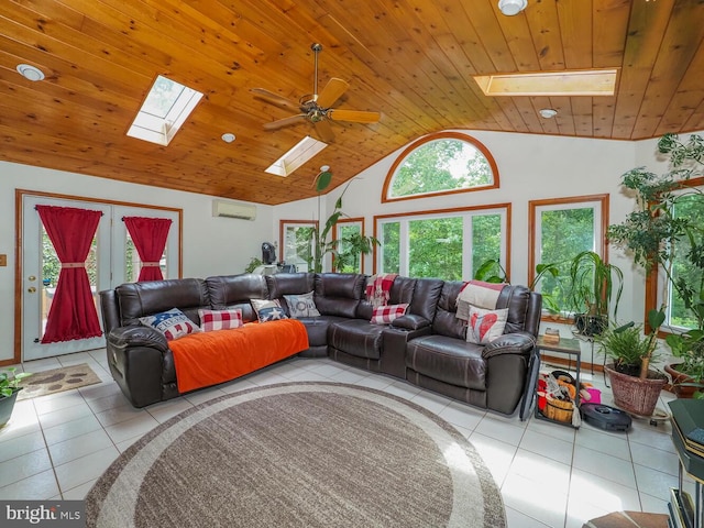 1235 Lorene Dr, Pasadena, MD 21122 - tiled living area featuring a skylight, lofted ceiling, a wall mounted AC, wooden ceiling, and a ceiling fan