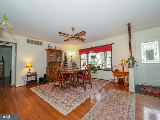 1235 Lorene Dr, Pasadena, MD 21122 - dining room featuring wood finished floors, a ceiling fan, baseboards, and a baseboard heating unit