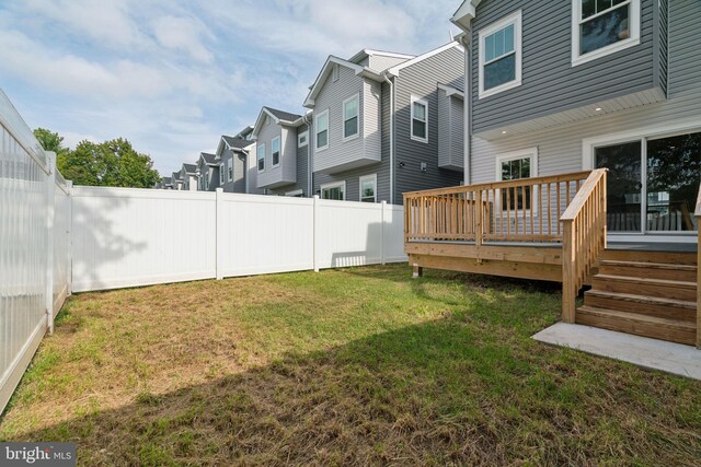 view of yard featuring a deck, a residential view, and a fenced backyard