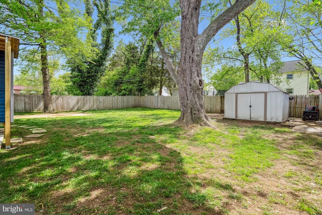 view of yard with a fenced backyard, an outdoor structure, and a shed