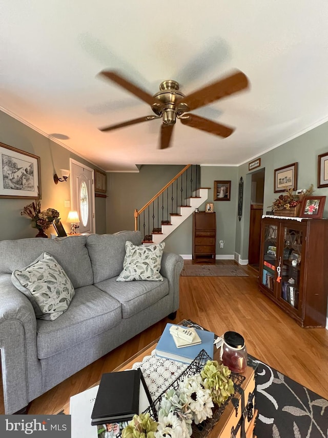 living area featuring crown molding, ceiling fan, stairway, and wood finished floors