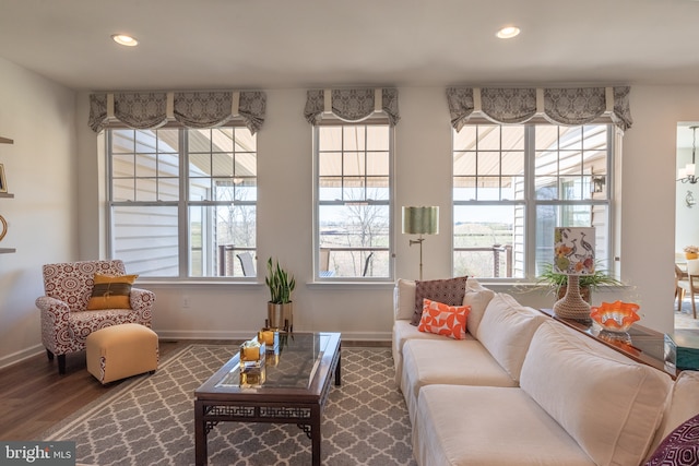 living room with recessed lighting, baseboards, and wood finished floors