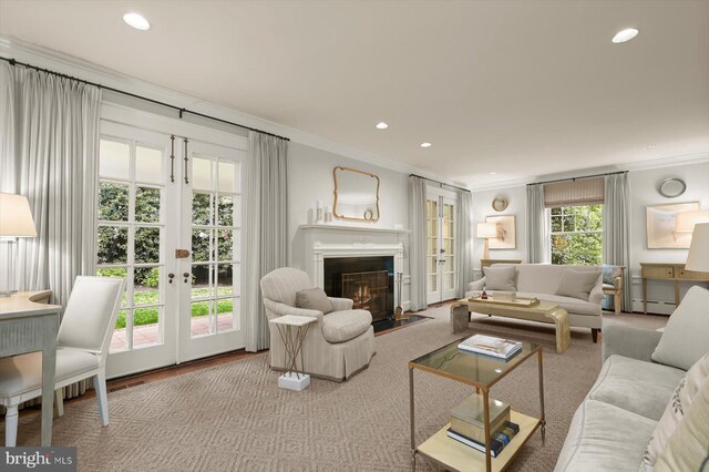 2720 35th Pl NW, Washington, DC 20007 - living area with crown molding, french doors, baseboard heating, recessed lighting, and a fireplace with flush hearth
