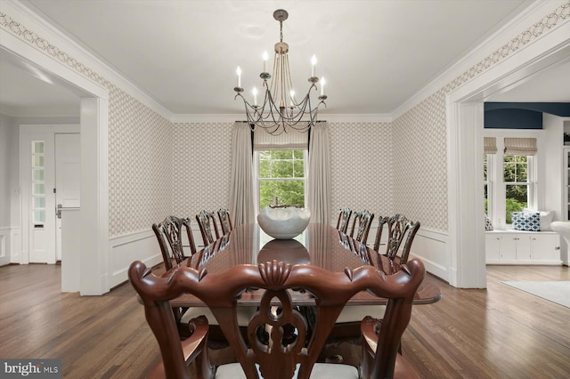 2720 35th Pl NW, Washington, DC 20007 - dining area featuring a chandelier, wood finished floors, crown molding, wainscoting, and a decorative wall