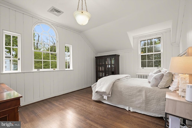 2720 35th Pl NW, Washington, DC 20007 - bedroom with vaulted ceiling, radiator heating unit, dark wood-style flooring, and ornamental molding