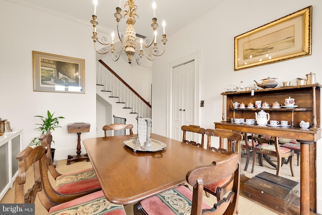 dining room with stairway, ornamental molding, carpet, and an inviting chandelier