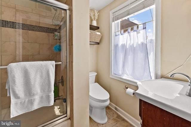 bathroom with toilet, baseboards, a wealth of natural light, and a stall shower