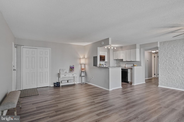 16 S Van Dorn St Unit 406, Alexandria, VA 22304 - living room with a textured ceiling, dark wood-type flooring, electric panel, baseboards, and a ceiling fan