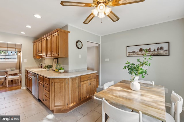 kitchen featuring light tile patterned flooring, ceiling fan, recessed lighting, light countertops, and dishwasher