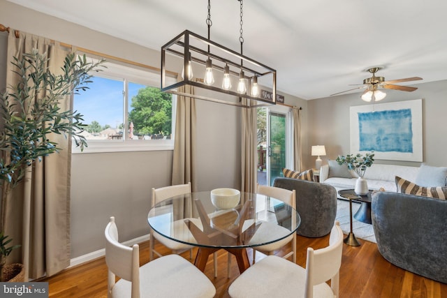 dining area featuring baseboards, ceiling fan, and wood finished floors