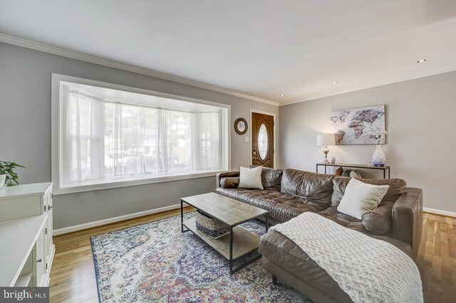 living area featuring crown molding, light wood-style flooring, and baseboards