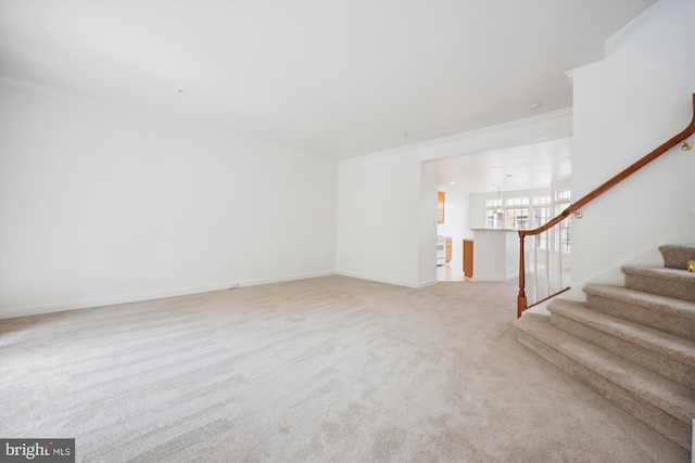 13901 Chatterly Pl, Germantown, MD 20874 - unfurnished living room with stairs, a chandelier, carpet flooring, and ornamental molding