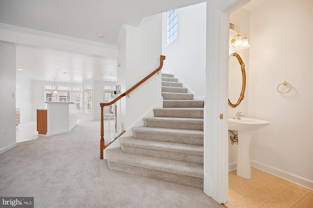 13901 Chatterly Pl, Germantown, MD 20874 - stairs featuring ornamental molding and carpet flooring