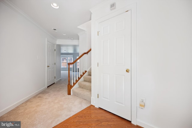 13901 Chatterly Pl, Germantown, MD 20874 - stairs featuring crown molding, carpet flooring, and recessed lighting