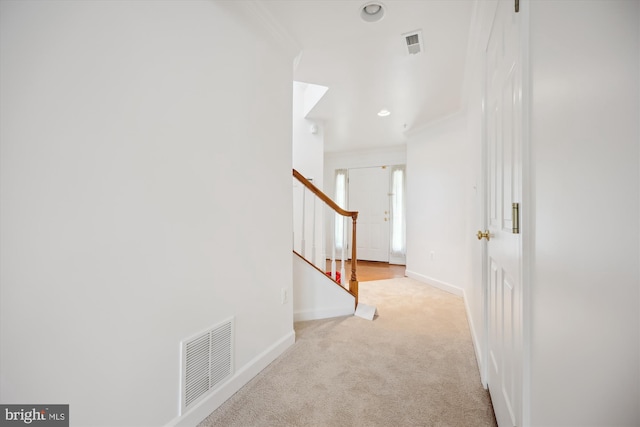 13901 Chatterly Pl, Germantown, MD 20874 - hallway featuring ornamental molding, carpet floors, and stairs