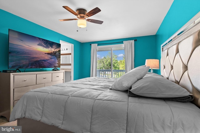 bedroom with access to outside and ceiling fan