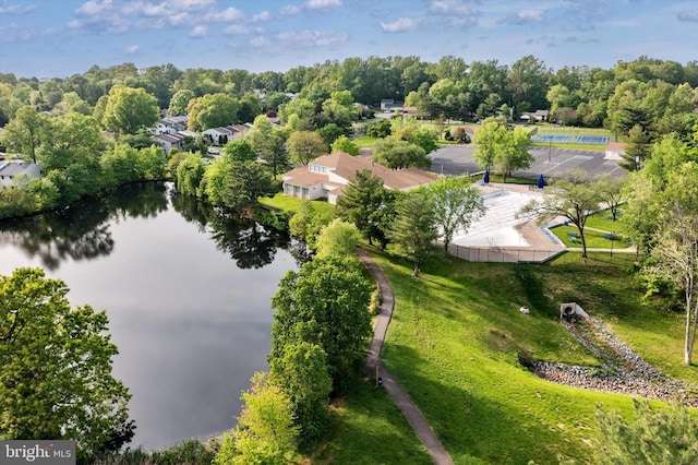 drone / aerial view with a water view