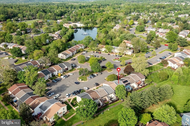 bird's eye view with a water view, a view of trees, and a residential view