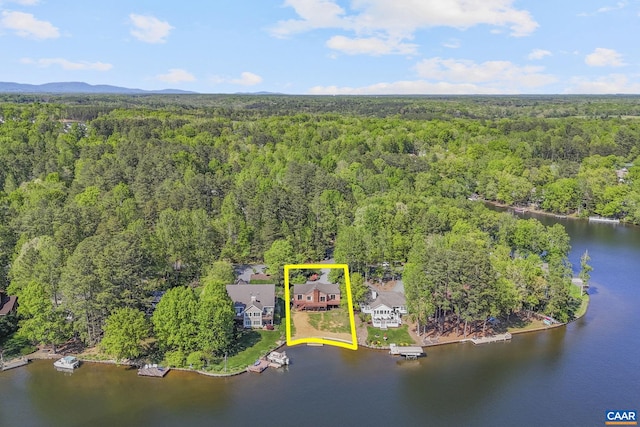 birds eye view of property featuring a water view and a forest view