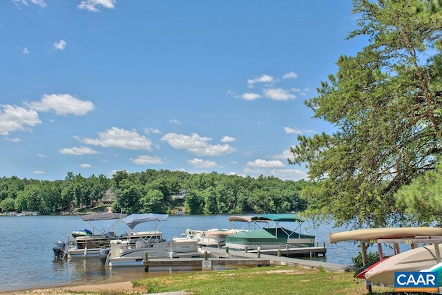 view of dock featuring a water view and a wooded view